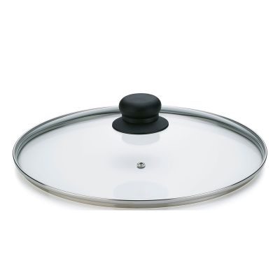 Runder transparenter Glasdeckel mit silberfarbenem Rand, schwarzem Knauf und kleiner Dampföffnung