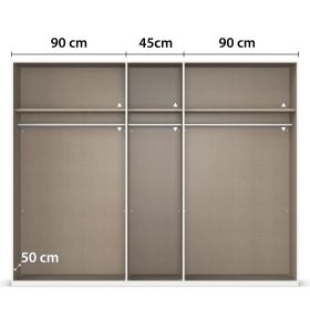Innenansicht eines 5-türigen Kleiderschranks mit drei Fächern, Einlegeböden und Kleiderstangen, mittleres Fach 45 cm breit