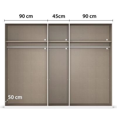 Innenansicht eines 5-türigen Kleiderschranks mit drei Fächern, Einlegeböden und Kleiderstangen, mittleres Fach 45 cm breit