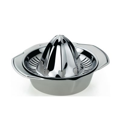 Runde Zitronenpresse in Silber glänzend mit geripptem Presskegel und umlaufender Auffangschale