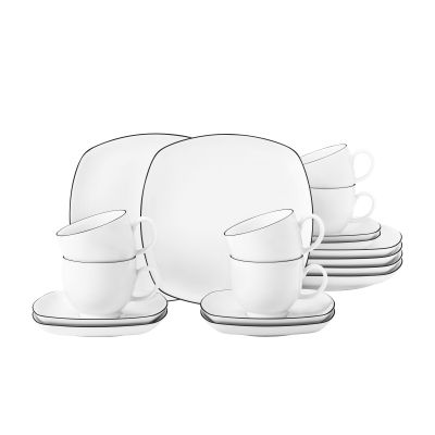 zusammengestellte Ansicht: Kaffeeservice in Weiß mit schwarzer Randlinie. Erkennbar: quadratische Teller, Tassen und Untertassen angeordnet.