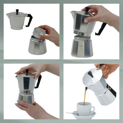 Vier Bildfolgen zeigen das Öffnen, Befüllen, Zusammensetzen und Ausgießen des Espressobereiters