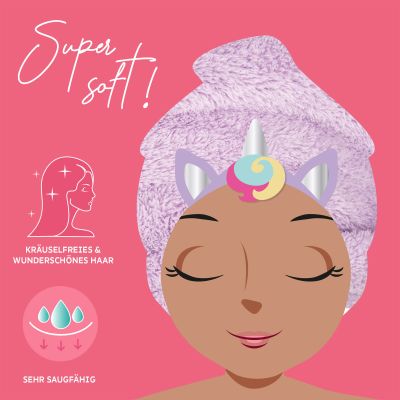 Lilafarbenes Haarturban-Handtuch im Einhorn-Design, in einer Illustration als Turban auf dem Kopf einer Person gezeigt.