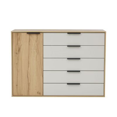 Interliving 1034 Kommode mit fünf Schubladen und einer Drehtür in Holzoptik und heller Front