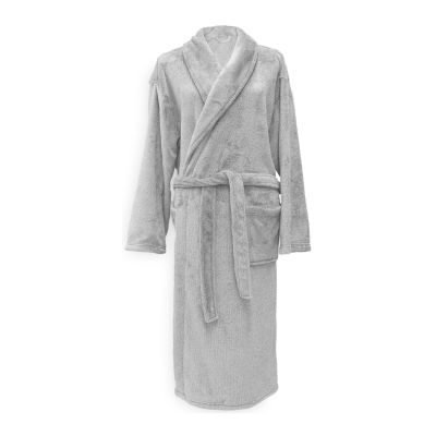 Cara Bademantel in Pearl Grey, Größe S: langer Bademantel aus einfarbigem, flauschig wirkendem Stoff, mit Schalkragen, Bindegürtel und Taschen in Ganzansicht.