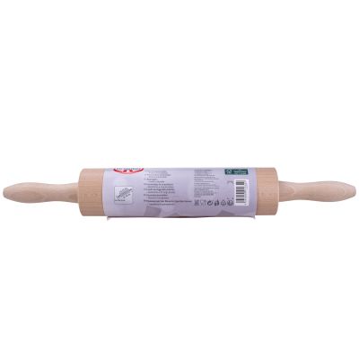 Rückseite der Verpackung einer Holz Teigrolle mit Details und Barcode