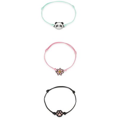 Drei Armbänder mit Panda- und Blumenanhängern, mit drei Armbändern einzeln untereinander dargestellt.