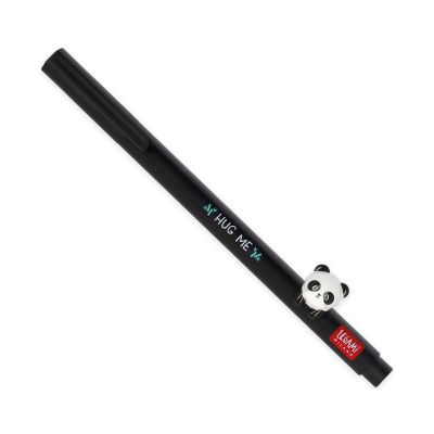Schwarzer Gelstift mit Panda-Aufsatz, vollständig auf weißem Hintergrund dargestellt.