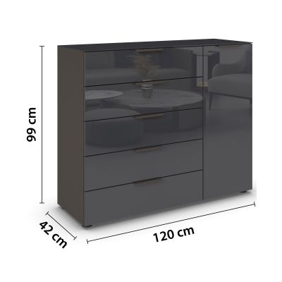 Schrägansicht einer 5-türigen Kommode in Graphit mit Front aus Basaltglas und Türanschlag rechts, Maße Breite 120 cm, Höhe 100 cm, Tiefe 42 cm