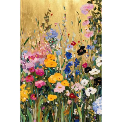 Hochformatiges Blumenbild mit farbenfroher Blumenwiese aus gelben, rosa, roten, blauen und weißen Blüten vor warmem Hintergrund
