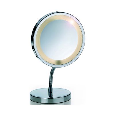 Silber glänzend verchromter Standspiegel mit rundem Spiegelkopf, farbigem Rand und rundem Standfuß auf weißem Hintergrund