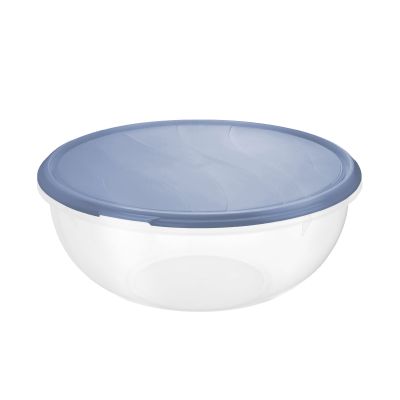 Transparente Rührschüssel aus Kunststoff mit blauem Deckel