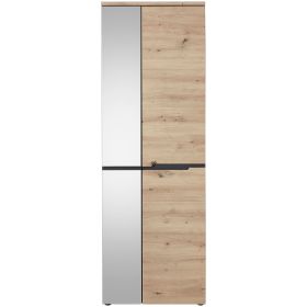 Frontalansicht eines hohen Schranks mit zwei Spiegeltüren links und zwei Holztüren rechts, vor weißem Hintergrund.