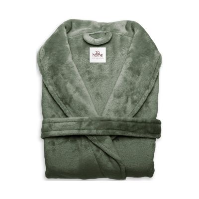 Cara Bademantel in Olive Green, Größe L: zusammengefalteter Bademantel aus einfarbigem, flauschig wirkendem Stoff, mit sichtbarem Schalkragen und Bindegürtel.