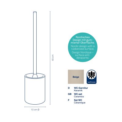 Technische Darstellung der beigen WC-Garnitur mit Maßangaben sowie Symbolen zu Material und Produkteigenschaften