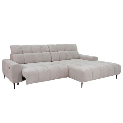 Ecksofa im Bezug B831 Kansas 5 linen mit ausgefahrenem Sitzelement links, rechter Ottomane und schwarzen Metallfüßen