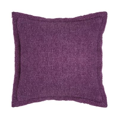 Violette Kissenhülle Siya, 50 × 50 cm, mit grober Webstruktur und umlaufender Zierkante, frontal freigestellt.