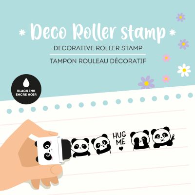 Deko-Rollstempel im Panda-Design, in einer Grafik beim Rollen eines fortlaufenden Dekormusters über Papier gezeigt.