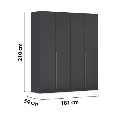 Grau-Metallicer Kleiderschrank mit vier Türen und eingezeichneten Maßen von 210 cm Höhe, 181 cm Breite und 54 cm Tiefe