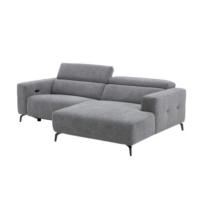 Graues Ecksofa mit hochgestellten Kopfstützen und breiten Armlehnen auf Metallfüßen