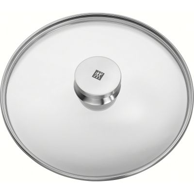 Runder Glasdeckel mit Edelstahlrand und Metallknauf, Serie Twin Specials von ZWILLING, Ø 24 cm, freigestellt auf weißem Hintergrund.