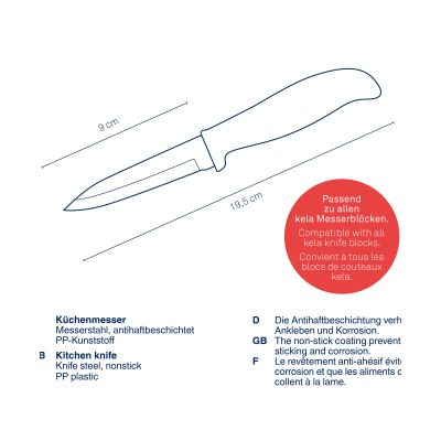 Zeichnung des Küchenmessers mit markierten Bereichen an Klinge und Griff sowie ergänzenden Produktangaben