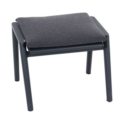 Moderner Hocker mit dunkelgrauem Aluminiumgestell und passendem Polsterkissen, schräg von vorne fotografiert