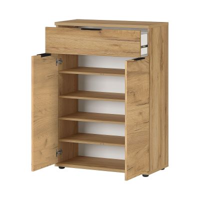 Geöffnete Garderobenkommode in Holzoptik mit sichtbaren Einlegeböden und geöffneter Schublade oben