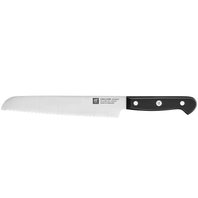 Brotmesser mit gezahnter Klinge und schwarzem Griff, Serie Gourmet von ZWILLING, Klingenlänge 200 mm, freigestellt auf weißem Hintergrund.