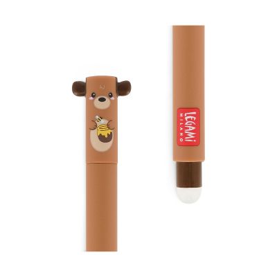 Brauner löschbarer Gelstift im Teddybär-Design, mit Teddybärkappe und rotem Radiererende in Detailansicht dargestellt.