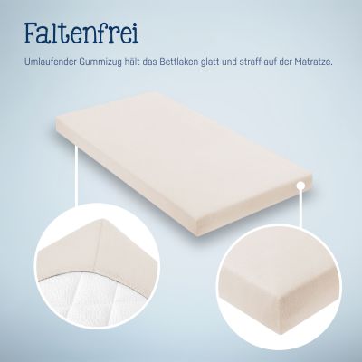 Shellfarbenes Spannbettlaken auf Matratze mit Detailansichten der glatten Oberfläche und der abgerundeten Ecken mit umlaufendem Gummizug