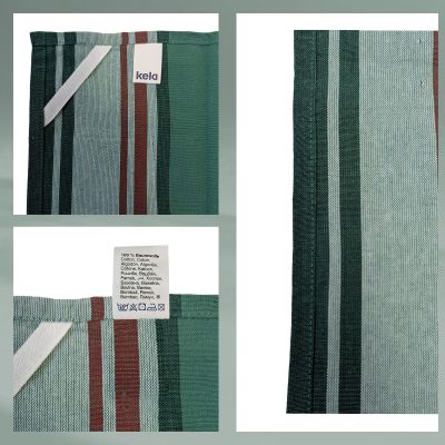 Collage mit Detailansichten von grünem Geschirrtuch Stoffstruktur Muster und angenähtem Etikett