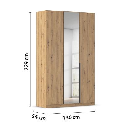 Kleiderschrank in Eiche Artisan mit eingezeichneten Maßen 136 cm Breite, 229 cm Höhe und 54 cm Tiefe