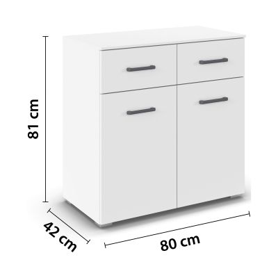 Weißes Sideboard mit Maßangaben Breite 80 cm, Höhe 81 cm und Tiefe 42 cm mit zwei Schubläden und zwei Türen
