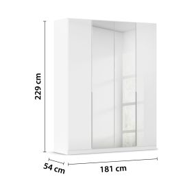 Weißer Drehtürenschrank in Hochglanz mit Spiegeltüren und den Maßen 181 cm Breite, 229 cm Höhe und 54 cm Tiefe
