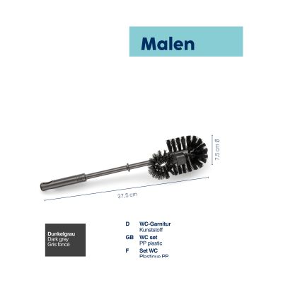 Produktdarstellung des dunkelgrauen WC-Bürstenrandreinigers der Serie Malen mit Angaben zu Maßen und Material