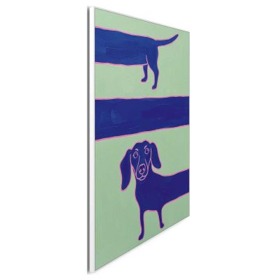 Seitliche Schrägansicht des Wandbilds „Long Dachshund“, 40 × 50 cm; Profil, Kante und Tiefe des Bildes sind erkennbar.