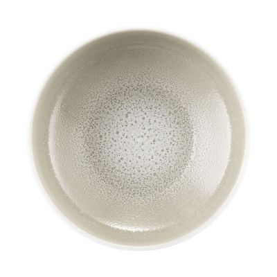 Schale in Weiß und Grau-Beige. Sichtbare Merkmale: runde Form mit weißer Außenseite und gesprenkeltem Innenraum. Darstellung: Draufsicht.