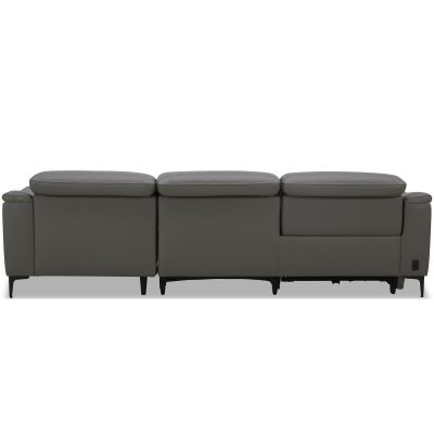 Rückansicht des Ecksofas mit drei Rückenlehnen und schmalen Füßen