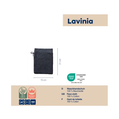 Informationsgrafik mit tiefseeblauem Waschhandschuh Lavinio und ergänzenden Angaben zu Material und Produkteigenschaften