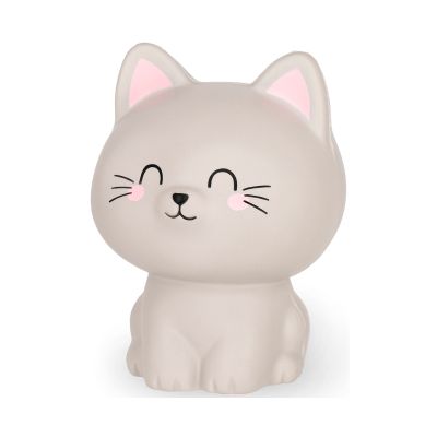 Graue Antistress-Figur in Katzenform, frontal auf weißem Hintergrund dargestellt.