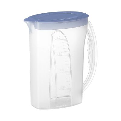 Transparente Kühlschrankkaraffe mit blauem Deckel und integriertem Griff