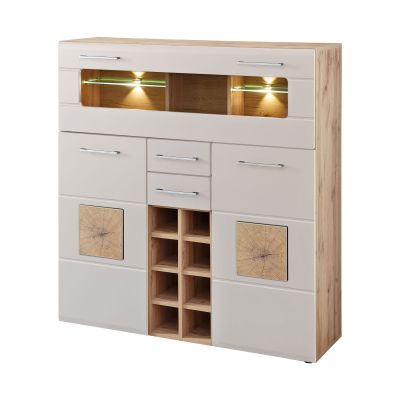Modernes Highboard in Kaschmir und Eiche mit LED-beleuchteten Glasfächern, Weinregal, Schubladen und Stauraum.