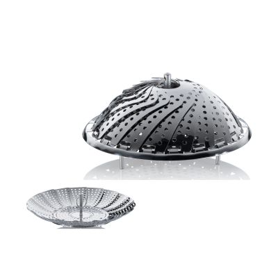 Zusammengefalteter Gemüsedämpfer in Silber glänzend mit perforierten Metallsegmenten und separatem Einsatz