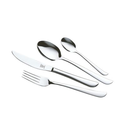 Komplett-Besteck 60 tlg. Twist: fünf polierte Besteckteile der Serie Twist mit Messer, Gabel und Löffeln auf weißem Hintergrund.