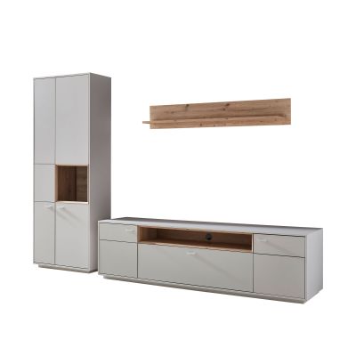 Wohnkombination in Weiß mit Hochschrank TV-Lowboard und Wandregal in natürlicher Holzoptik
