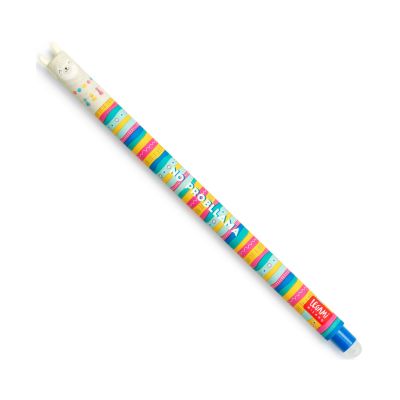 Bunt gemusterter löschbarer Legami Gelstift mit Lamakappe und blauer Tinte, diagonal auf weißem Hintergrund.
