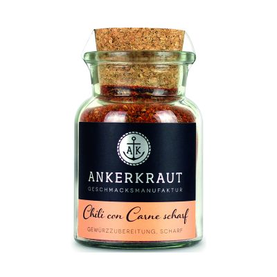 Korkenglas der Ankerkraut-Mischung Chili con Carne scharf; das schwarze Etikett trägt einen orangefarbenen Namensstreifen.