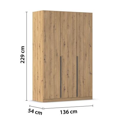3-türiger Kleiderschrank in Eiche Artisan mit Maßangaben Höhe 229 cm, Breite 136 cm und Tiefe 54 cm