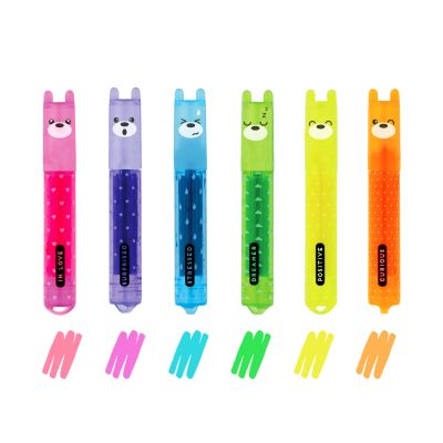 Sechs Mini-Textmarker mit farbigen Stimmungsbegriffen, mit sechs Mini-Textmarkern in Pink, Lila, Blau, Grün, Gelb und Orange dargestellt.